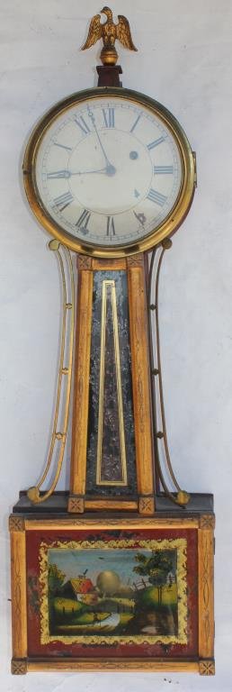 EARLY 19TH C. WEIGHT DRIVEN BANJO CLOCK: ORIGINAL DIAL AND GLASS, SHOWS SOME FLAKING, EAGLE FINIAL 28 1/2"H