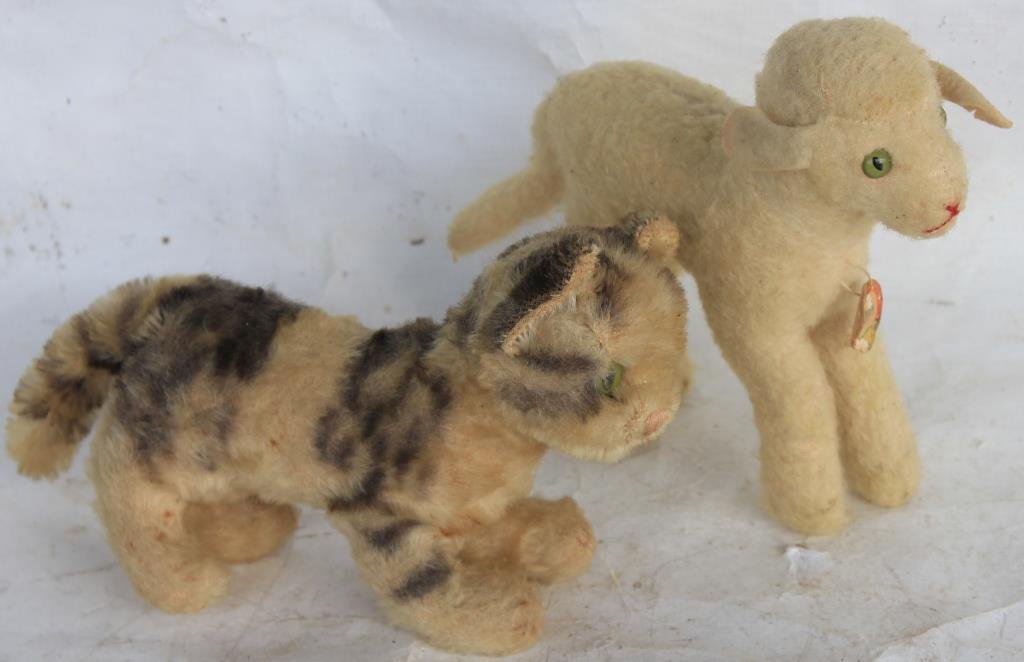 2 STEIFF PLUSH TOYS: CAT WITH BUTTON & LAMB W/TAG: BUTTON MISSING ON LAMB.