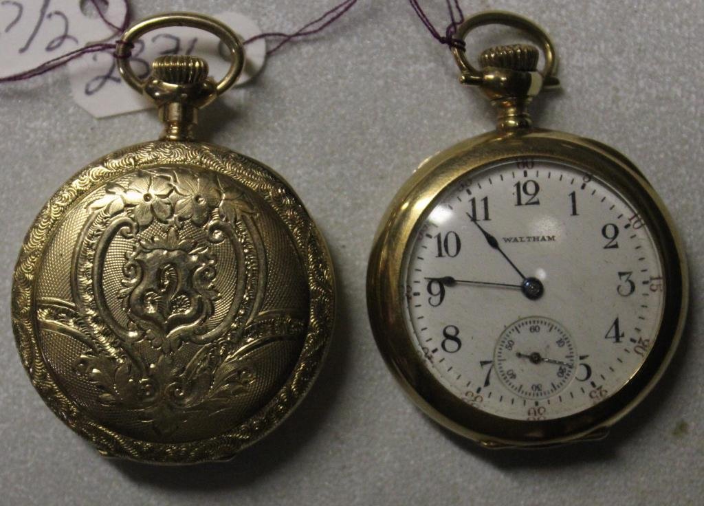 2 - 14K GOLD LADIES WATCHES, 1 WALTHAM OPEN FACE: NOT WORKING, TOGETHER WITH A HUNTER CASE, NO MOVEMENT. APPRX. 1 1/4"D, 1 CASE WEIGHS 13G