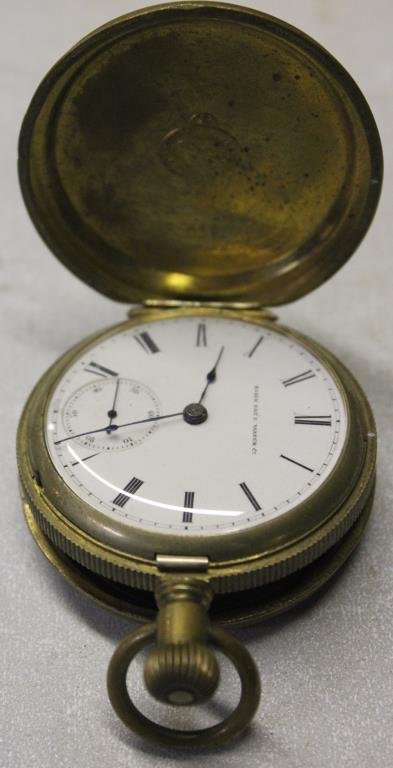 ELGIN NATIONAL WATCH CO. HUNTERS CASE WATCH IN: ORNATE BRASS CASE, MOVEMENT NUMBER 610755, CURRENTLY WORKING CONDITION,