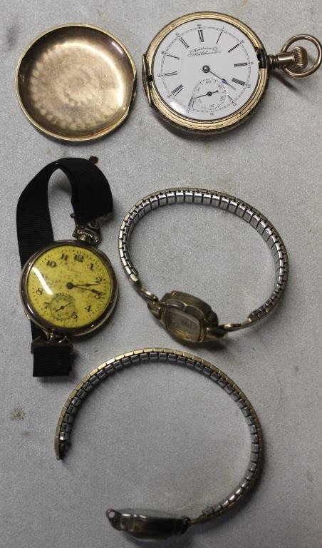 LOT OF 4 LADIES WATCHES TO INC. EQUITY BY WALTHAM: WALTHAM HUNTER'S CASE (CASE AS IS, CRYSTAL MISSING, DIAL SHOWS HAIRLINES), CARAVEL WRISTWATCH, BULOVA WRISTWATCH. 1 WATCH NEEDS BAND RECONNECTED
