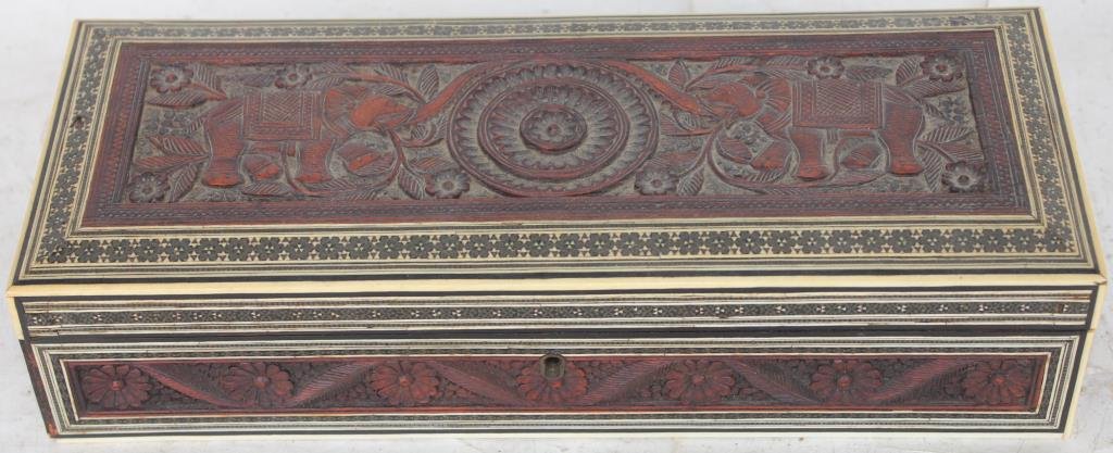 CARVED AND INLAID GLOVE BOX, POSSIBLY MADE IN: INDIA, WITH ELEPHANT MOTIF (1 PC OF INLAY MISSING)_x000D_ 2.5"H X 11 1/4"W X 4 1/2"D