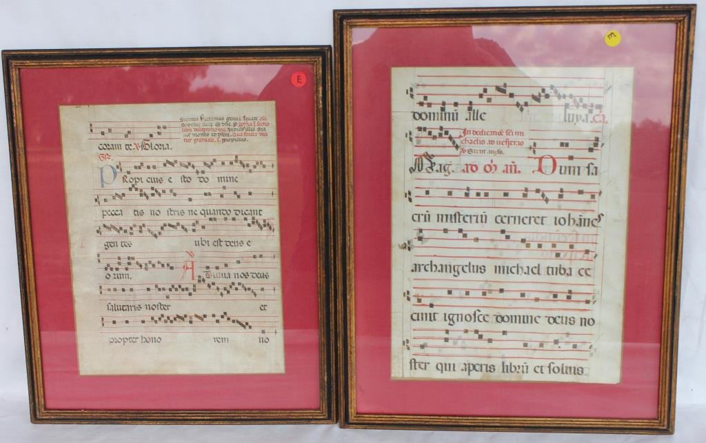 PAIR OF FRAMED MUSIC ON VELLUM,: WITH COLORFUL HISTORY ON BACK, ONE 14" X 11" SIGHT, OTHER 16 3/4' X 11 1/2" SIGHT