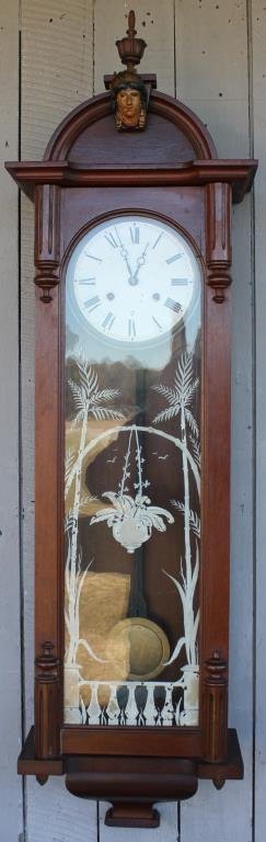 VICTORIAN WALNUT LONG DROP CLOCK: WITH JENNY LIND HEAD, ANSONIA, TIME & STRIKE, SPRINGS IN GOOD CONDITION, 50" H, 13 1/2" W, 6 1/2" D