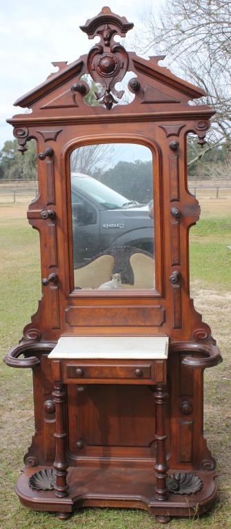 VICTORIAN WALNUT MARBLE TOP HALL TREE WITH