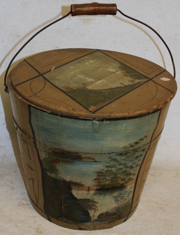 LATE 19TH C. DECORATED LIDDED BUCKET,: LANDSCAPE SCENES, 11 1/4" H, 12 3/4" DIA.