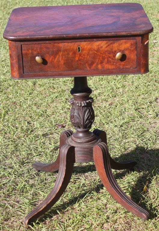 19TH C. DUNCAN PHYFE STYLE MAHOGANY STAND: 1 DRAWER, ACANTHUS CARVED SHAFT, OLD FINISH, PIECE OF CORNER MOLDING AND SMALL PIECE OF TRIM MISSING, 29 1/2" H, 20 1/2" W, 17" D