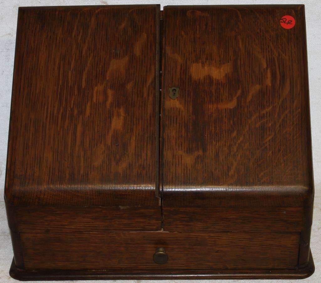 EARLY 20TH C. OAK WRITING BOX,: 1 DRAWER, FITTED INTERIOR, BLOWN GLASS INK BOTTLES, 11 1/4" H, 15" W, 8 1/2" D