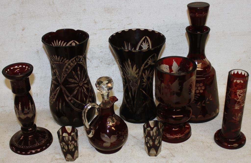 LOT OF 9 PCS OF RUBY OVERLAY & RUBY FLASH: INCLUDING VASES, CRUET, SHOT GLASSES, CANDLESTICK, ETC., 2 1/2" - 8" H