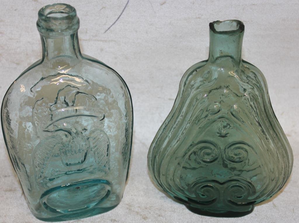 TWO 19TH C. FLASKS, TO INCLUDE BLOWN: SCROLL FLASK WITH OPEN PONTIL, 7" H, ROUGHAGE TO RIM AND A PITTSBURG EAGLE FLASK, SMOOTH BOTTOM, 7 1/2" H