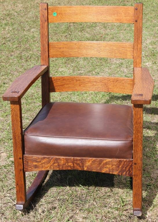 MISSION OAK SLAT BACK ROCKER, PEG CONSTRUCTION,: ATTRIBUTED TO L&JG STICKLEY, 34" H, 25" W