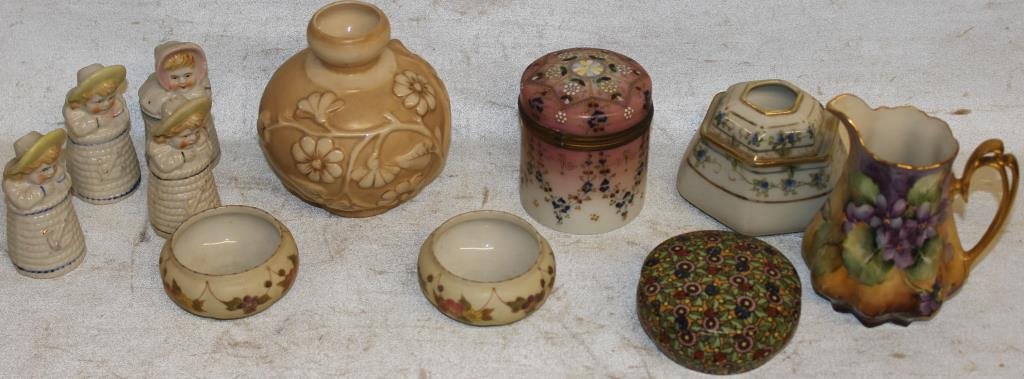 LOT OF MISC. PORCELAIN TO INCLUDE: KATE GREENAWAY SHAKERS, RUDOLSTADT VASE & NUT DISHES, NIPPON HAIR RECEIVER, AUSTRIAN PICHER, COVERED BOX, ENAMELED MILK GLASS BOX, 1 1/2" - 5" H