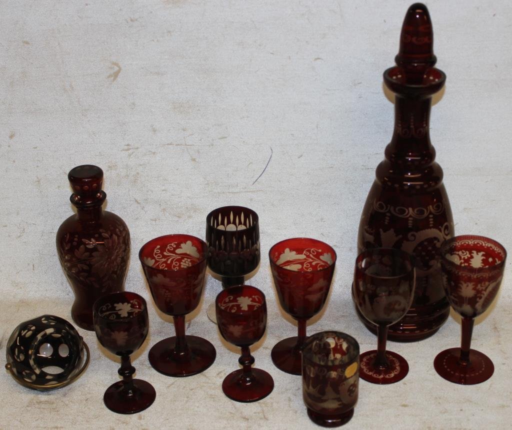 COLLECTION OF 11 RUBY FLASHED ITEMS TO INCLUDE: DECANTERS, CORDIALS, SMALL VASE, ETC., 3" - 11"