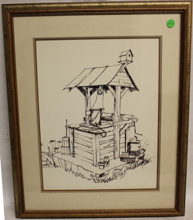 FRAMED & GLAZED DRAWING "ORANGE COUNTY OASIS": BY LARRY JOHNSON, 15" X 11 1/2"