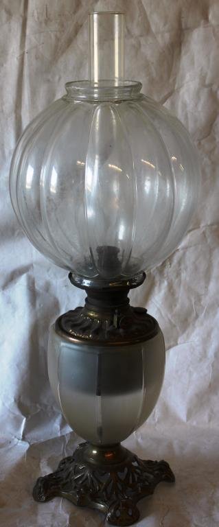 VICTORIAN GONE WITH THE WIND LAMP,: FROSTED BASE WITH REPLACED BALL SHADE, NOT ELECTRIFIED, 27 1/2" H