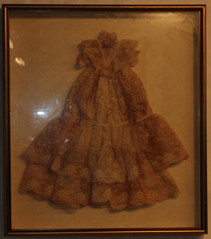 SHADOW BOX FRAMED VICTORIAN LACED CHILD'S: CHRISTENING GOWN, 26 1/2" H, 23 1/2" W