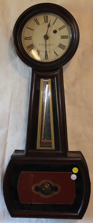 19TH C. HOWARD #4 BANJO CLOCK: ORIGINAL DIAL & PENDULUM, REPLACED THROAT GLASS, HAS ORIGINAL BROKEN GLASS, FINIAL MISSING, UNKNOWN WORKING CONDITION, 28 1/2" H, 12" W, 4" D