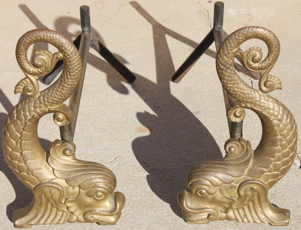 PAIR OF CAST BRASS DOLPHIN ANDIRONS: SIGNED BRADLEY & HUBBARD, REPLACED DOGS, 13 1/2" H