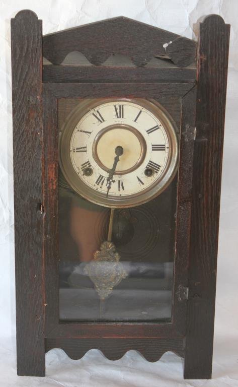 MISSION OAK STYLE SHELF CLOCK BY SESSIONS,: TIME & STRIKE, SPRINGS WORK, 20" H, 10 3/4" W, ORIGINAL FINISH