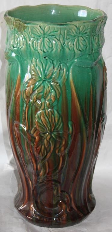 MAJOLICA UMBRELLA STAND, SHOWS CHIP,: REGLUED, 20" H, 9 1/2" DIA.