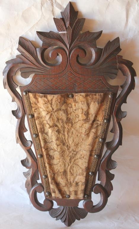 VICTORIAN WALNUT CARVED WALL POCKET: WITH CLOTH HOLDER, 22 1/2" H, 13 1/4" W