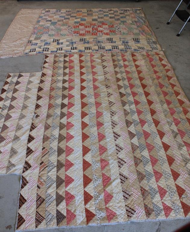 2 HAND SEWN QUILTS, 1 CUT OUT FOR POSTER BED: 5' 6" X 7' 1" & 6' 2" X 7' 1", BOTH SHOWS WEAR & FABRIC LOSS