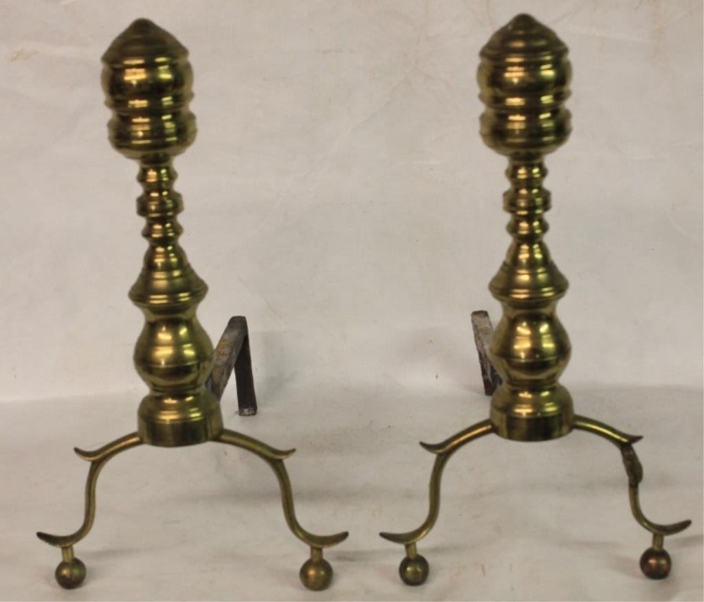 PAIR EARLY 19TH C. BRASS ANDIRONS, REPAIR TO: 1 FOOT, 16"H