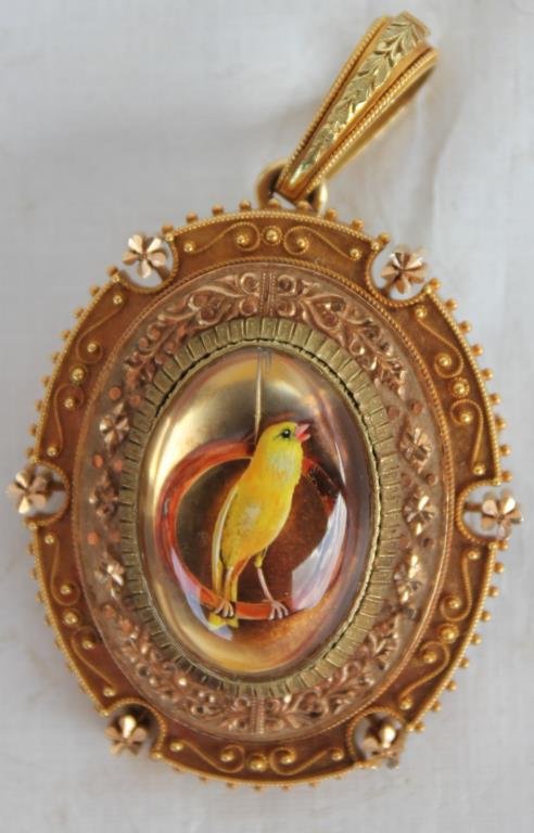 RARE 14KT GOLD VICTORIAN LOCKET W/ REVERSE CARVED: & PAINTED ROCK CRYSTAL OF CANARY ON A SWING, EXCEPTIONAL QUALITY, 32.2 GRAMS TOTAL WEIGHT