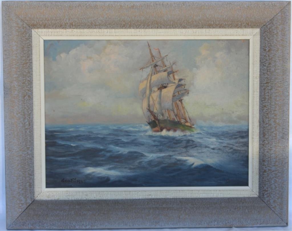 OIL ON BOARD SHIP AT SAIL, SIGNED GEO. FURST: 11 1/4" X 15 1/4" SIGHT