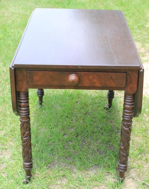 19TH C. SHERATON/EMPIRE DROP LEAF TABLE W/: ACANTHUS CARVED LEGS, SHAPED DROP LEAVES, 29"H X 36"L X 22"D WITH 13 3/4" LEAVES, REFINISHED CONDITION