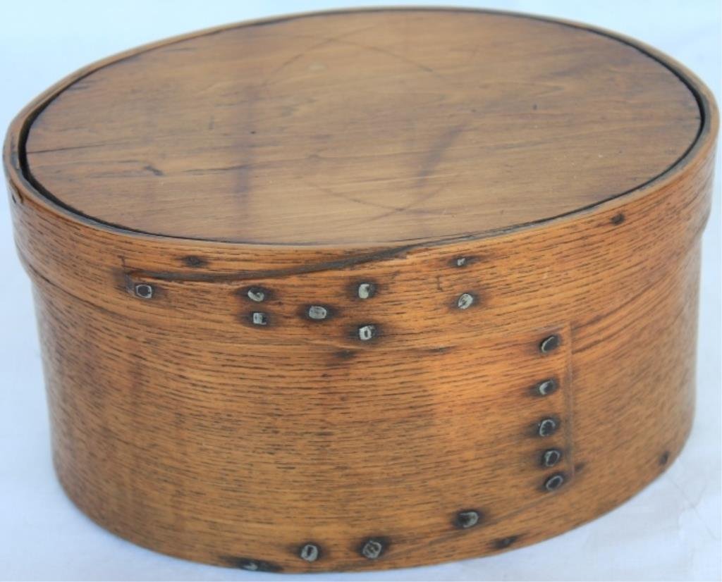 EARLY 19TH C. OVAL PANTRY BOX, THICK WALLED,: HAND FORGED SQUARE NAILS, GREAT SHAPE AND HAND WRITTEN NOTE OF PROVENANCE, 7" X 5"