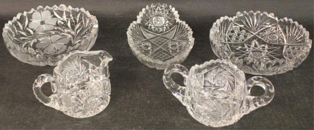 LOT OF 5 PCS CUT GLASS INCL CREAM & SUGAR & 3: TRAYS, 1 3/4" TO 3"H AND 5"- 8 1/2"W