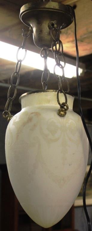 ETCHED MILK GLASS HANGING FOYER LAMP W/ SWAG: DESIGN, APPRX 10"