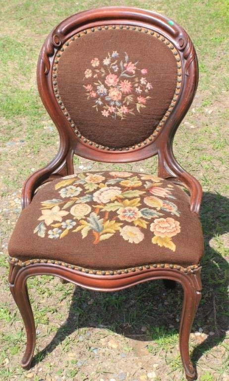 VICTORIAN FINGER CARVED SIDE CHAIR W/ NEEDLEPOINT: BACK AND SEAT, 35"H