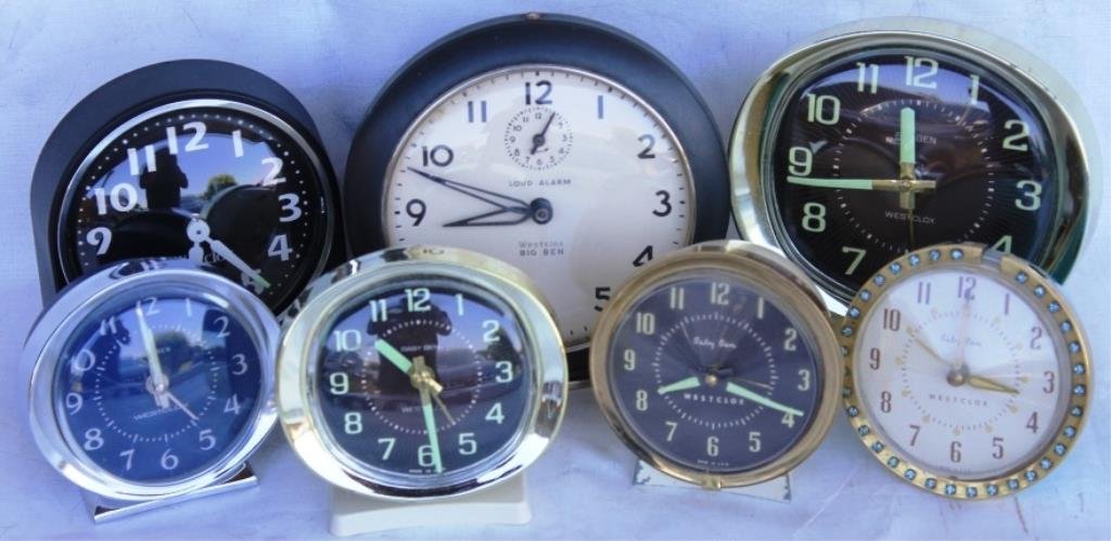 COLLECTION OF 7 BIG & BABY BEN ALARM CLOCKS: SEE PHOTO(S)