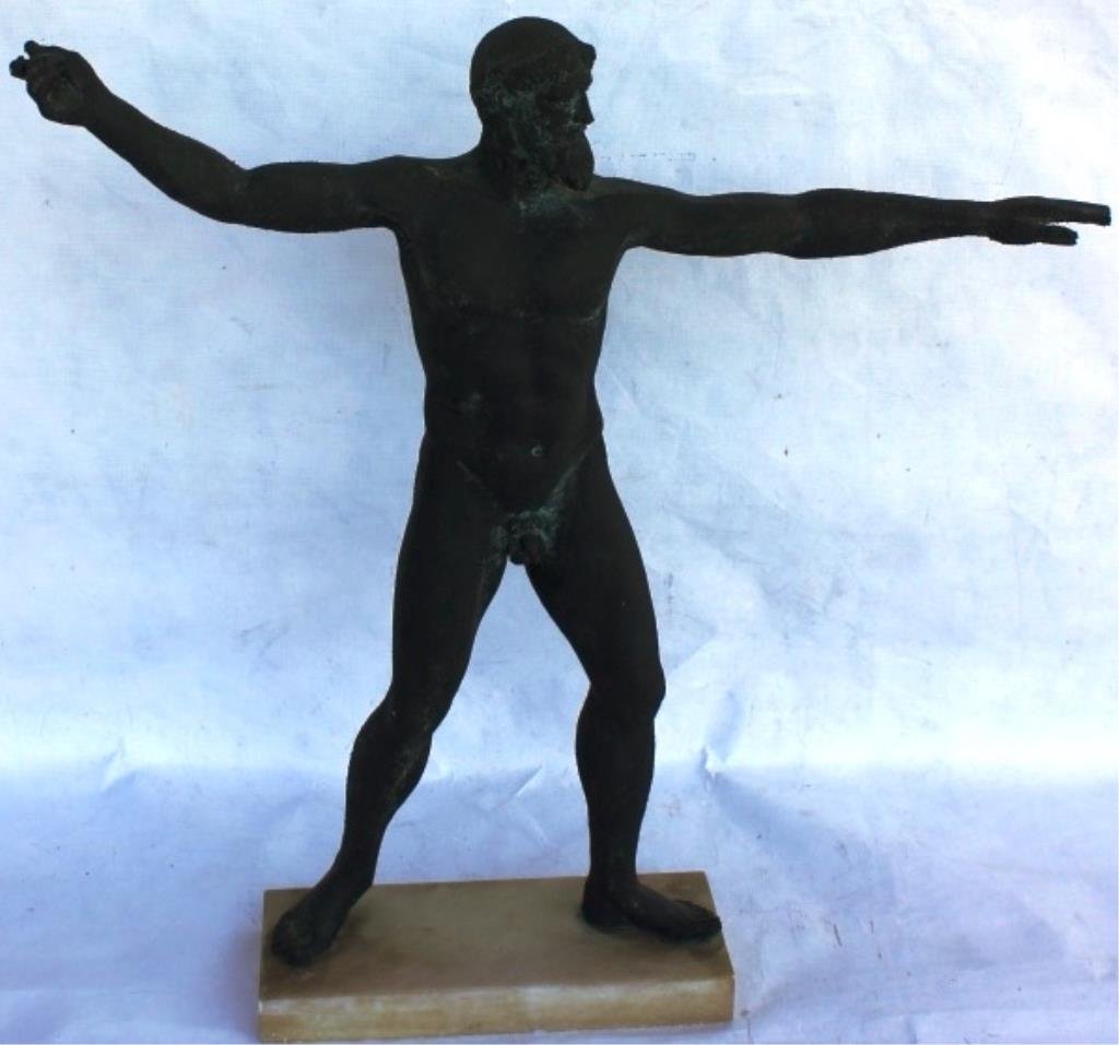 CONTEMPORARY BRONZED FIGURE OF NUDE GREEK GUY: SHOWS CRACK TO SHOULDER, 21"H