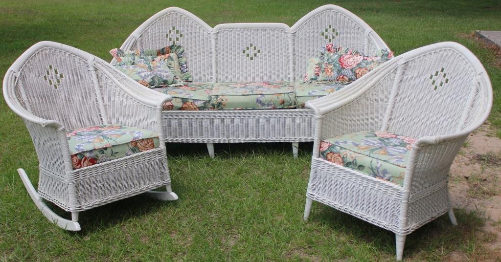 3 PCS. ART DECO WICKER SET,: SOFA 36 1/2" H, 75" W, 25" D, ROCKER & CHAIR 35" H
