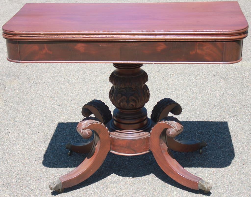 19TH C. MAHOGANY CARD TABLE,: DUNCAN PHYFE SCHOOL, CARVED ACANTHUS SHAFT WITH ACANTHUS LEAF LEGS, BRASS CLAW FEET, 28" H, 35" W, 18 1/2" D