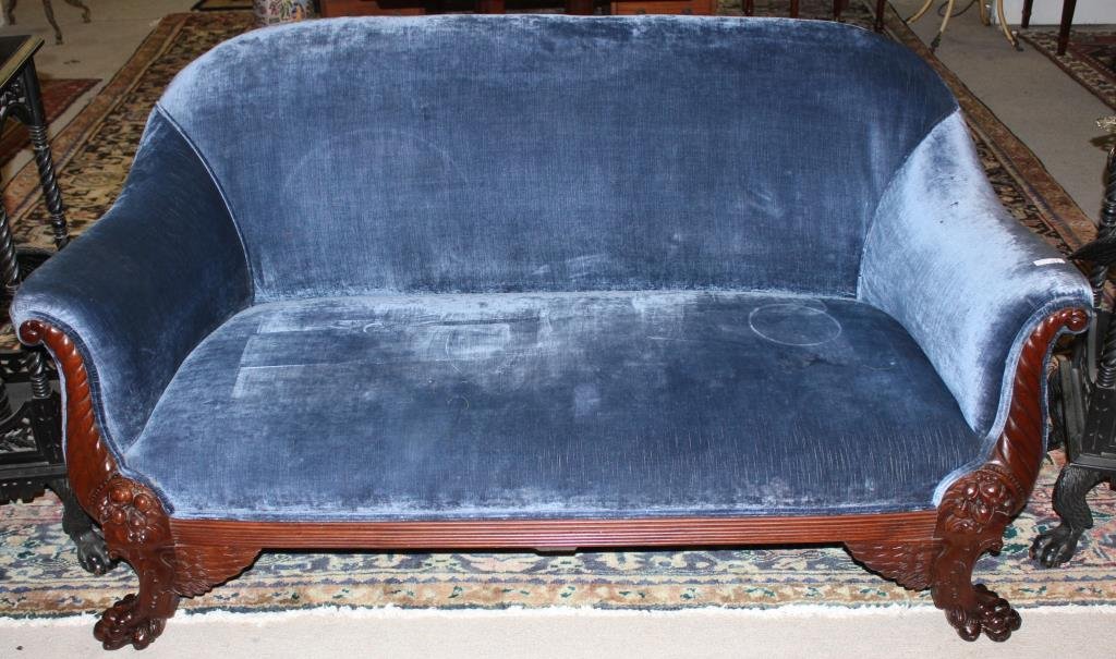 QUALITY CARVED MAHOGANY SETTEE: WITH CORNUCOPIA ARMS AND WING CLAW FEET, 31 1/2" H, 61" W, 29" D