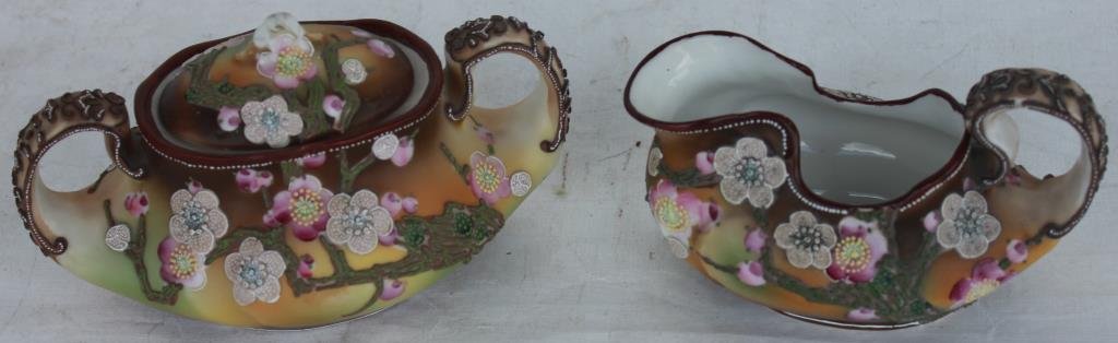 NIPPON CREAM & SUGAR WITH: BISQUE TYPE AND FLORAL BRANCH DESIGN, 3" & 4" H