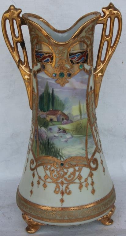 TALL NIPPON SCENIC VASE WITH GILT HANDLES (1 of 3)