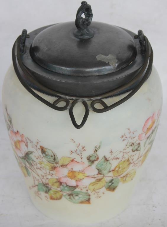 FLORAL DECORATED MILK GLASS BISCUIT JAR, (1 of 1)