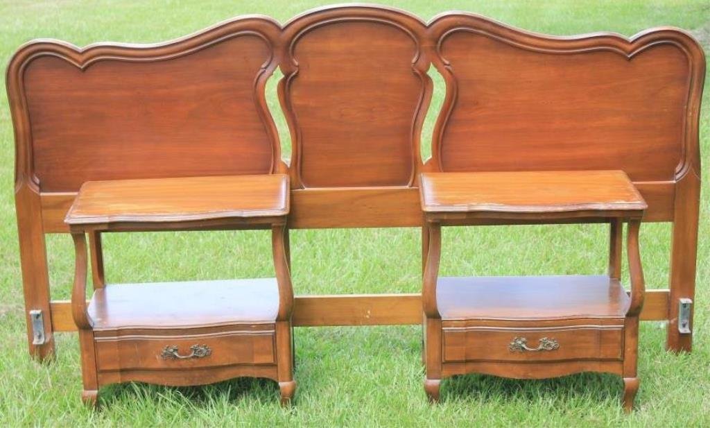 3 PC FRENCH STYLE BEDROOM SET BY JOHN WIDDECOMB: 2 NIGHT STANDS, KING SIZE BED HEAD BOARD, FITTED GLASS TOPS._x000D_ STANDS: 25" H X 24" W X 16" D