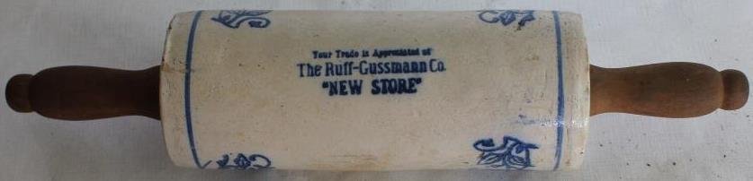 SALT GLAZE STONEWARE ADVERTISING ROLLING PIN: RUFF-GUSSMAN CO. "NEW STORE", 14 1/2" L, SHOWS SOME IN MAKING IMPERFECTIONS