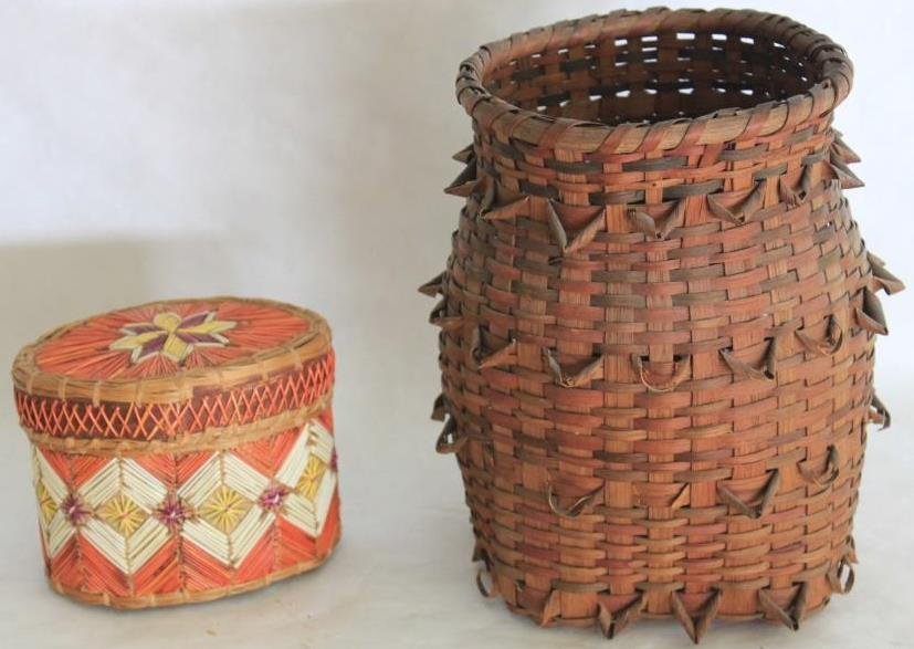 2 OLD BASKETS TO INC. FANCY SPLINT BASKET: 10 1/2" H, OVAL QUILL & BIRCH BASKET, 4 1/2" H X 6" W