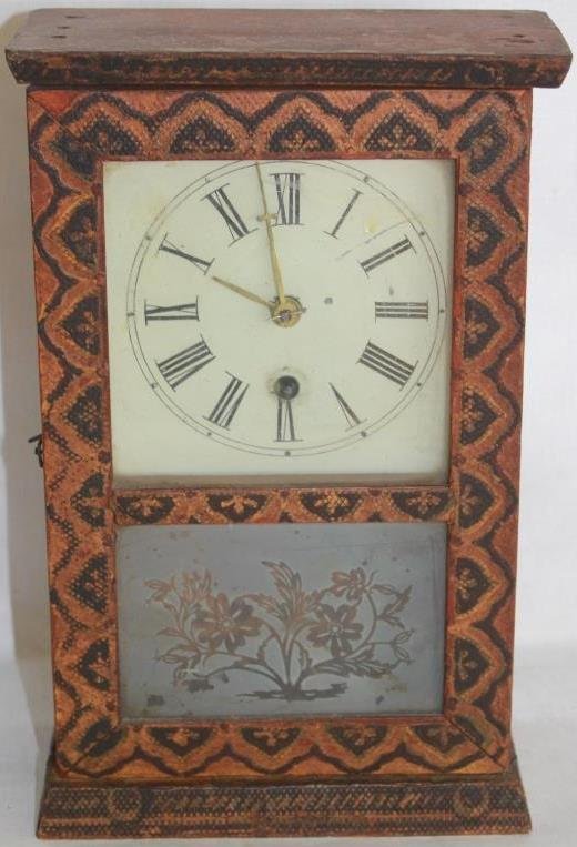 SMALL FOLK PAINTED SHELF CLOCK BY S.B. TERRY W/: FROSTED DECORATED PANEL, APPROX 10 1/2" H X 6 1/2" W X 3"D, KEY & PENDULUM, SHOWS SOME PAINT LOST ON SIDE