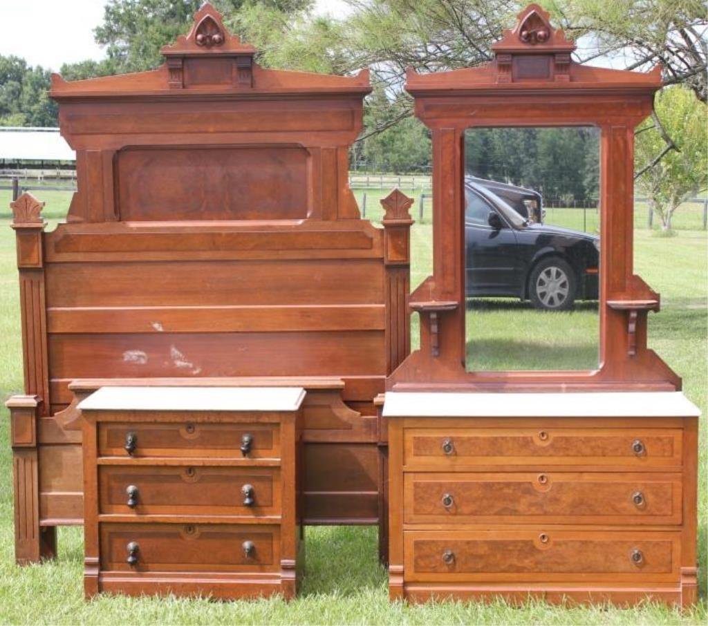 VICTORIAN WALNUT MARBLE TOP 3 PC BEDROOM SET: BED: 84" H X 57 1/4" W, EXTENDED RAILS 74"_x000D_ CHEST: 74" H X 42" W X 18" D_x000D_ WASHSTAND: 28" H X 30" W X 16 1/2" D, SHOWS 5" HAIRLINE