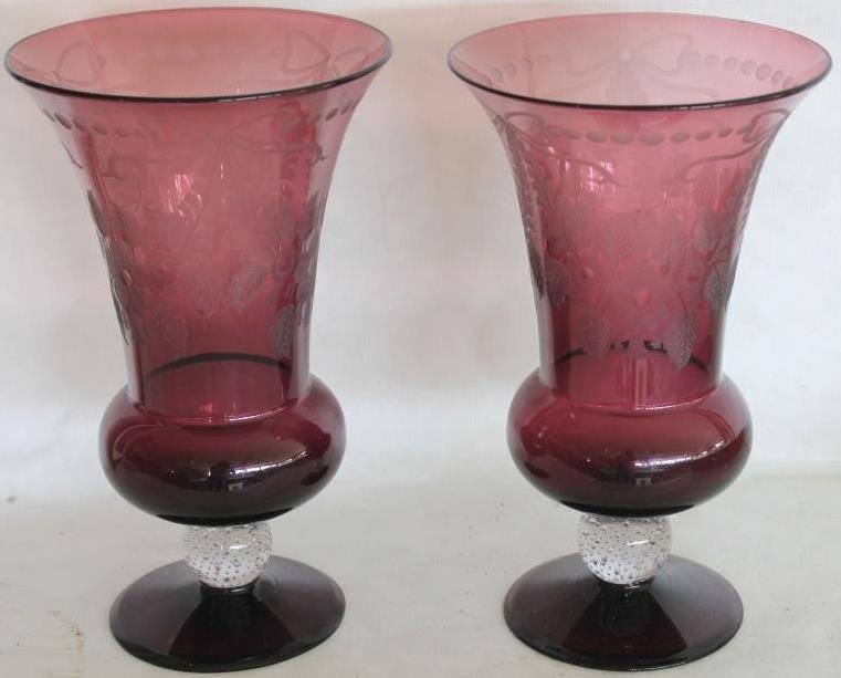 PR OF ENGRAVED PAIRPOINT URN FORM VASES: W/ CONTROL BUBBLE BALL STEMS, AMETHYST & CLEAR, 12" H X 7" D