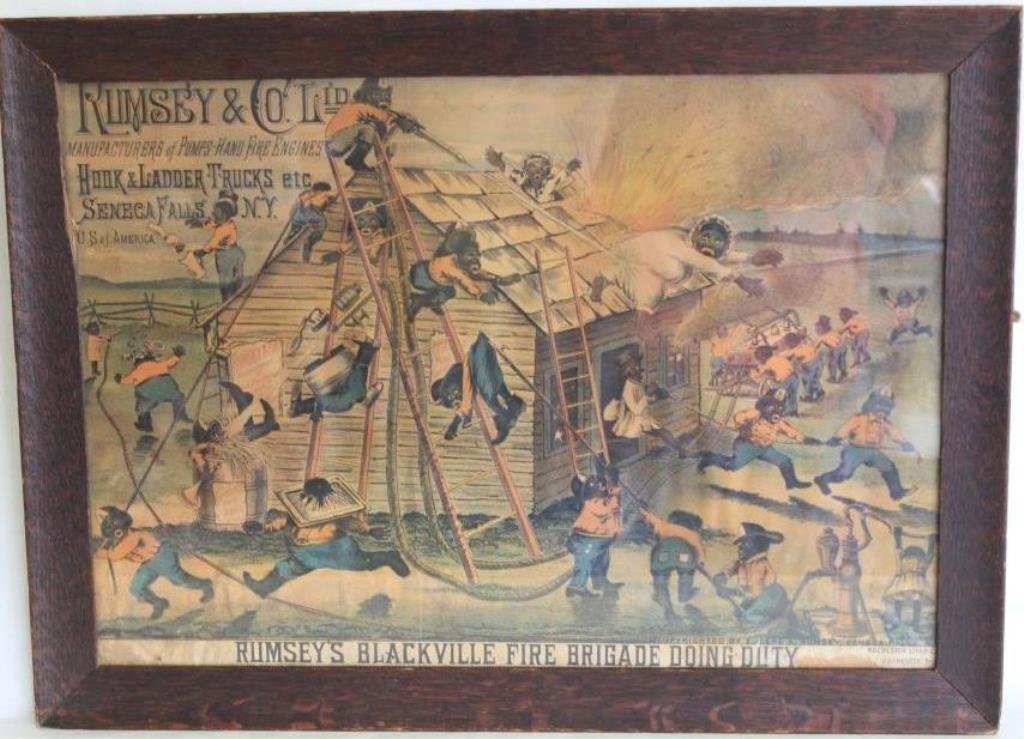 FRAMED & GLAZED ADVERTISING LITH.: RUMSEYS BLACKVILLE FIRE BRIGAID DOING DUTY, ADVERT RUMSEY & COMPANY LTD. HOOK & LADDERS, SENECA FALLS, N.Y.. LITHO HAS BEEN TRIMMED W/ SOME DAMAGE TO MARGIN, 12 3/4" X 19 1/2"
