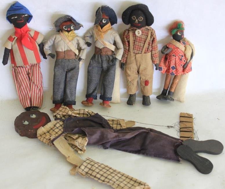 LOT OF 5 BLACK MEMORABILIA DOLLS, COTTON PICKERS: ETC. W/ PUPPET. 6 1/2" TO 12" LONG